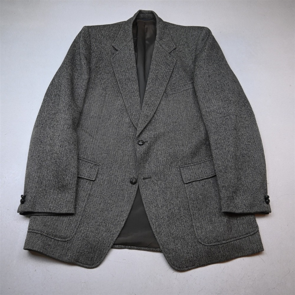 Vtg 44L Gray Herringbone 100% Wool Heavyweight Tweed Strong Shoulder Blazer